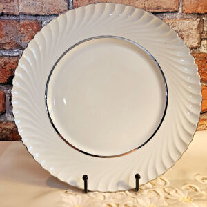 Single Royal Tettau Germany 11" Dinner Plate White Swirl Platinum Trim Porcelain
